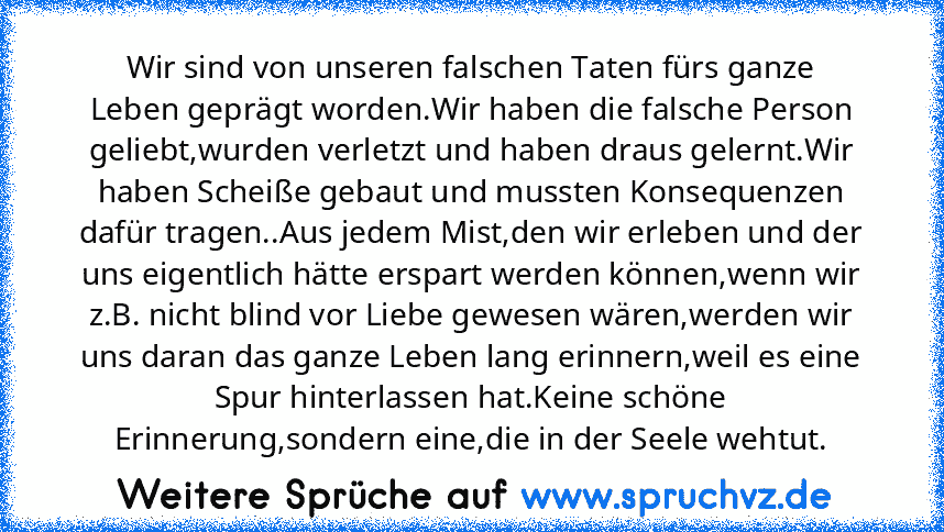 Wir sind von unseren falschen Taten fürs ganze Leben geprägt worden.Wir haben die falsche Person geliebt,wurden verletzt und haben draus gelernt.Wir haben Scheiße gebaut und mussten Konsequenzen dafür tragen..Aus jedem Mist,den wir erleben und der uns eigentlich hätte erspart werden können,wenn wir z.B. nicht blind vor Liebe gewesen wären,werden wir uns daran das ganze Leben lang erinnern,weil ...