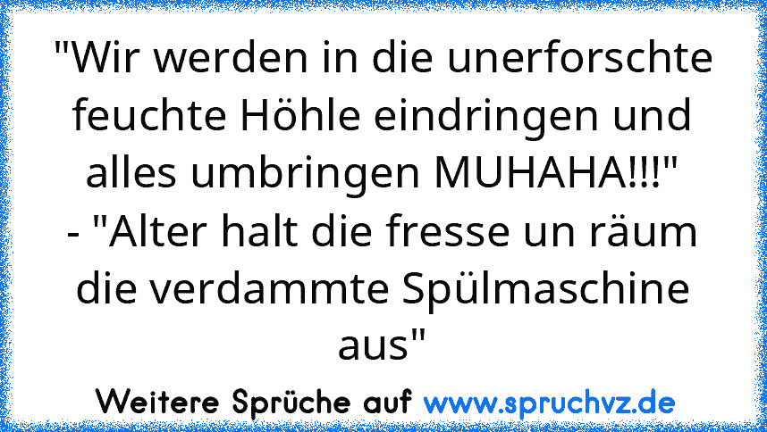 "Wir werden in die unerforschte feuchte Höhle eindringen und alles umbringen MUHAHA!!!"
- "Alter halt die fresse un räum die verdammte Spülmaschine aus"