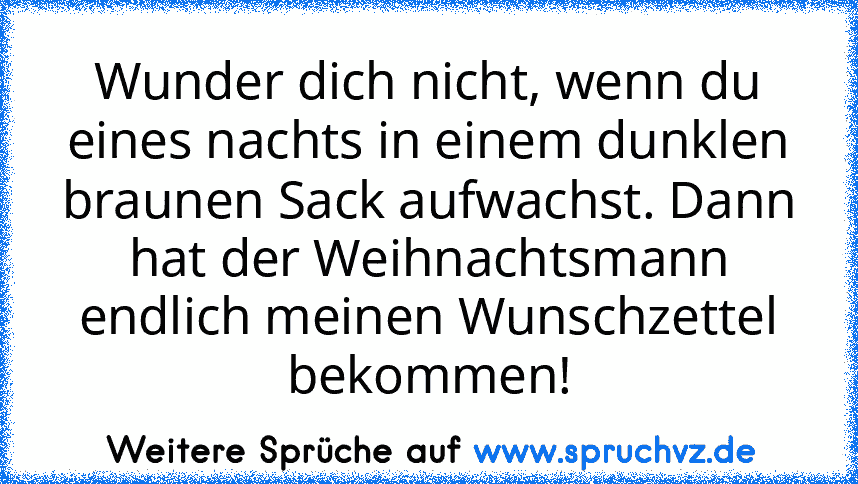 Wunder dich nicht, wenn du eines nachts in einem dunklen braunen Sack aufwachst. Dann hat der Weihnachtsmann endlich meinen Wunschzettel bekommen!