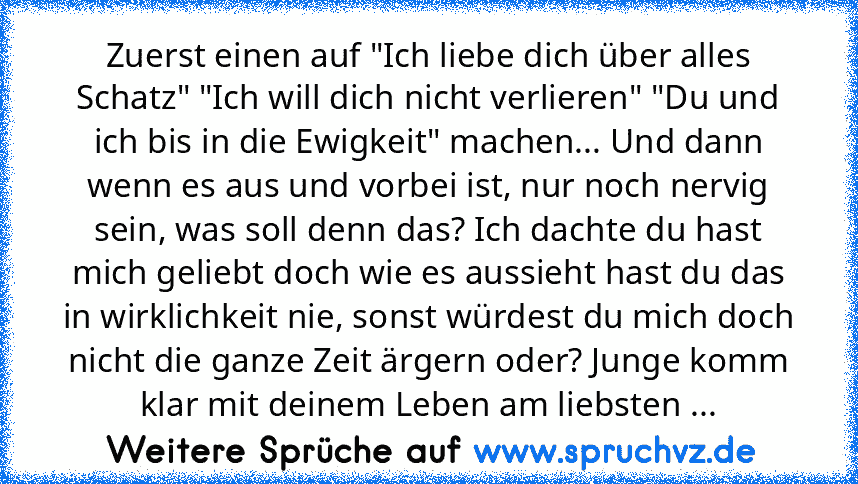 Zuerst einen auf "Ich liebe dich über alles Schatz" "Ich will dich nicht verlieren" "Du und ich bis in die Ewigkeit" machen... Und dann wenn es aus und vorbei ist, nur noch nervig sein, was soll denn das? Ich dachte du hast mich geliebt doch wie es aussieht hast du das in wirklichkeit nie, sonst würdest du mich doch nicht die ganze Zeit ärgern oder? Junge komm klar mit deinem Leben am liebsten ...