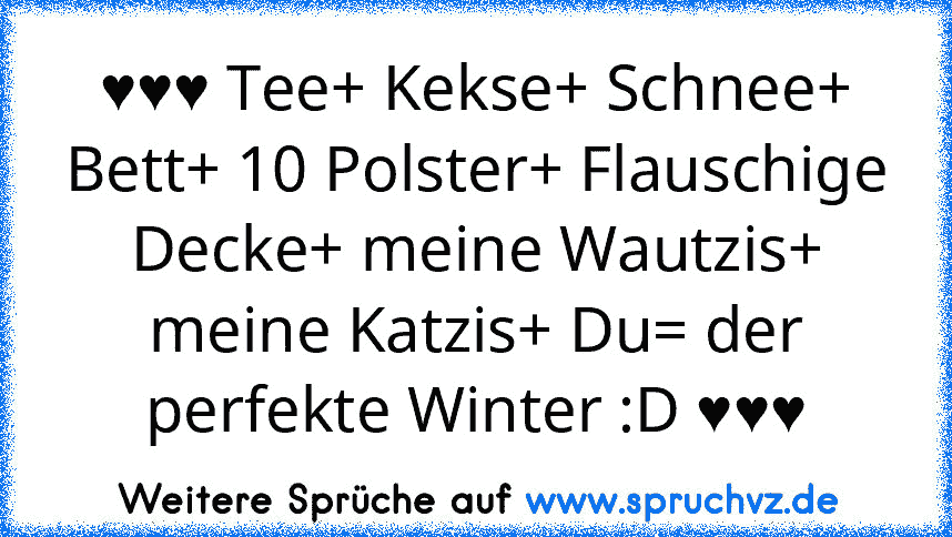 ♥♥♥ Tee+ Kekse+ Schnee+ Bett+ 10 Polster+ Flauschige Decke+ meine Wautzis+ meine Katzis+ Du= der perfekte Winter :D ♥♥♥